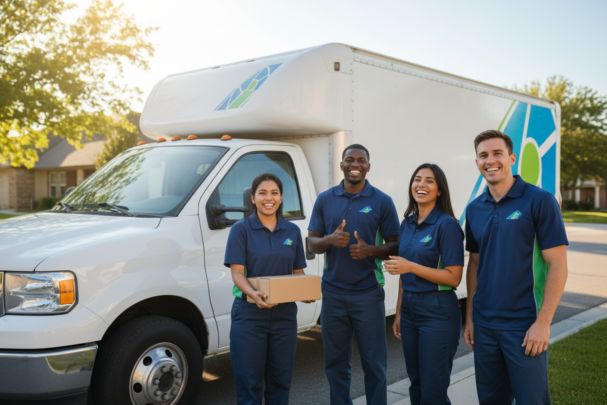 delvery truck with happy employes with trusted vibe 